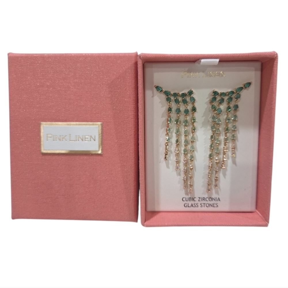 💛▪️Pink Linen ▪️Gold and Green Cubic Zirconia  Glass Stones Dangle Earrings